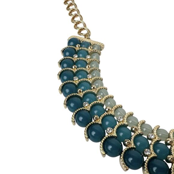 Talbots Beaded Bib Necklace Blue Green Clear Rhinestone Accents Gold Tone Chain - Picture 8 of 13